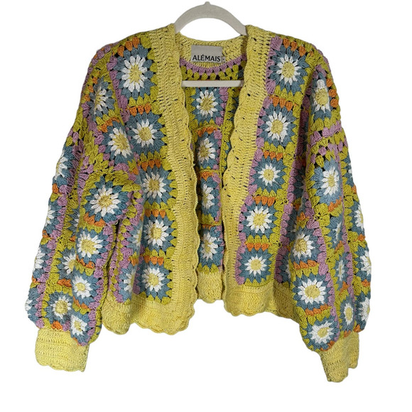 Alemais Petra Crochet Open Front Cardigan Yellow Multi 10 - Picture 3 of 8